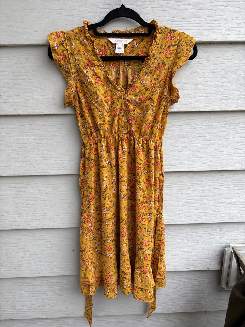 APRICOT Mustard Floral Midi Dress with Ruffle Shoulders